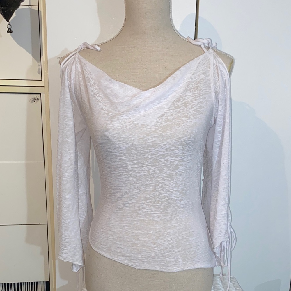 Vintage White Women's Cut Out Blouse with Draped Neckline - Picture 12 of 17